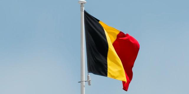 The Belgian flag depolyed on a mast with the blue sky as a background