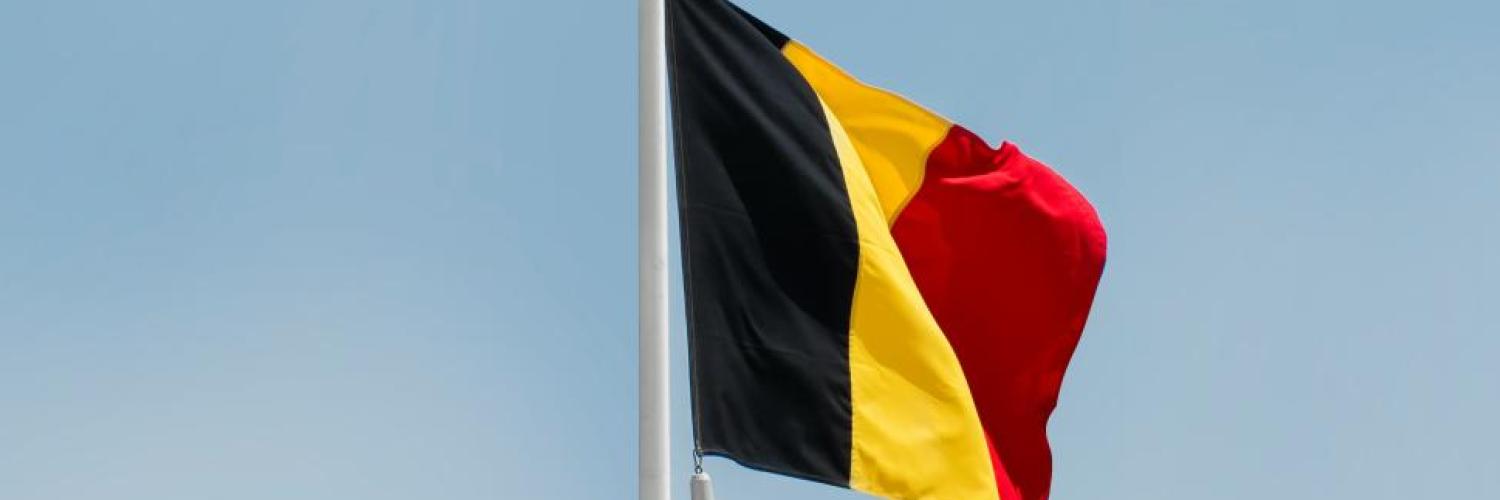 The Belgian flag depolyed on a mast with the blue sky as a background